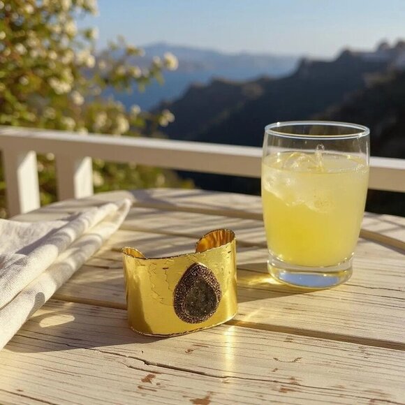 🆕Handcrafted Turkish Gold Wide Cuff Artisan Bracelet With Druzy Chalcedony Gem - Picture 5 of 15